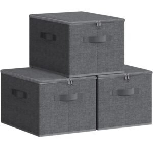 SONGMICS Set 3 cutii de depozitare pliabile, organizatoare pentru dulap, textil, 40x30x25 cm, gri