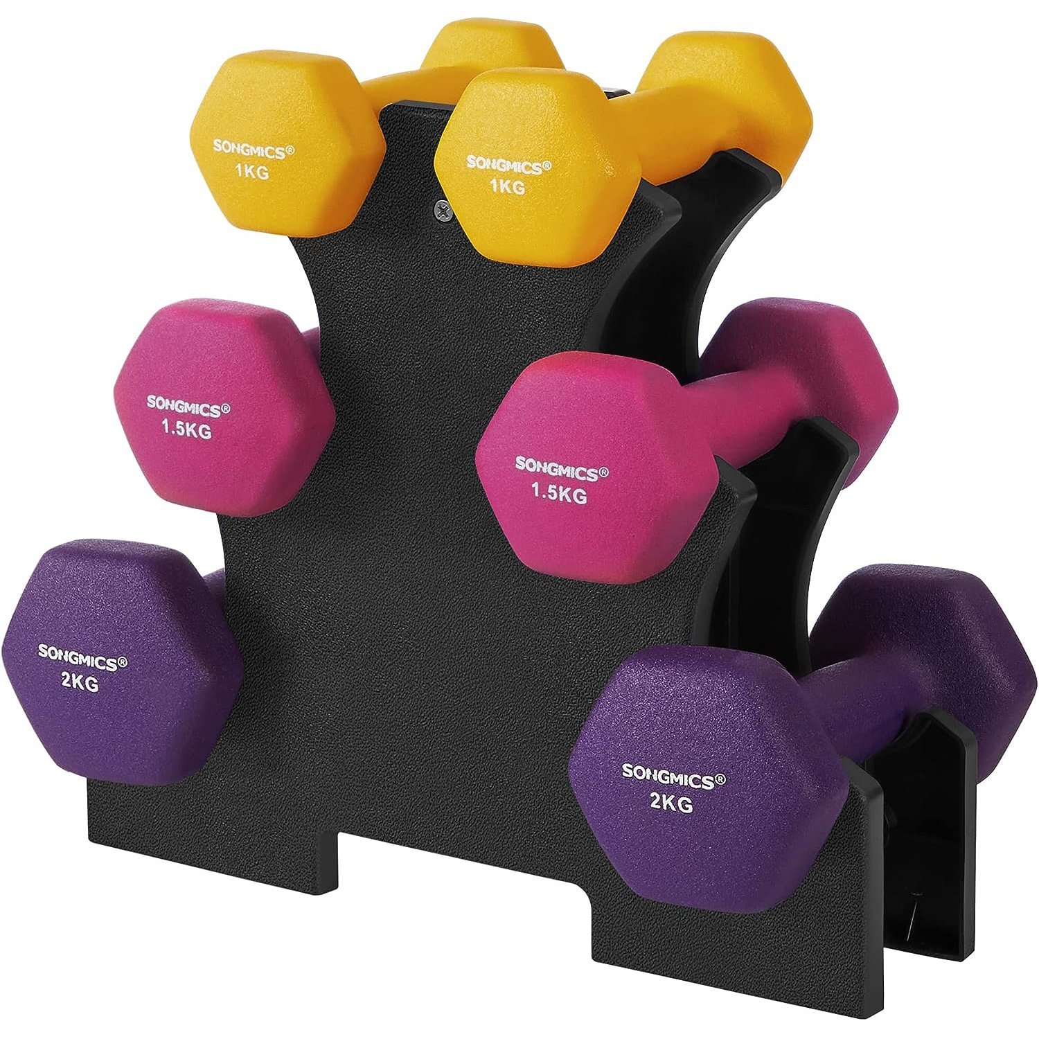 SONGMICS Set de 6 gantere hexagonale cu suport, 2x1kg 2×1.5kg 2×2 kg, multicolor