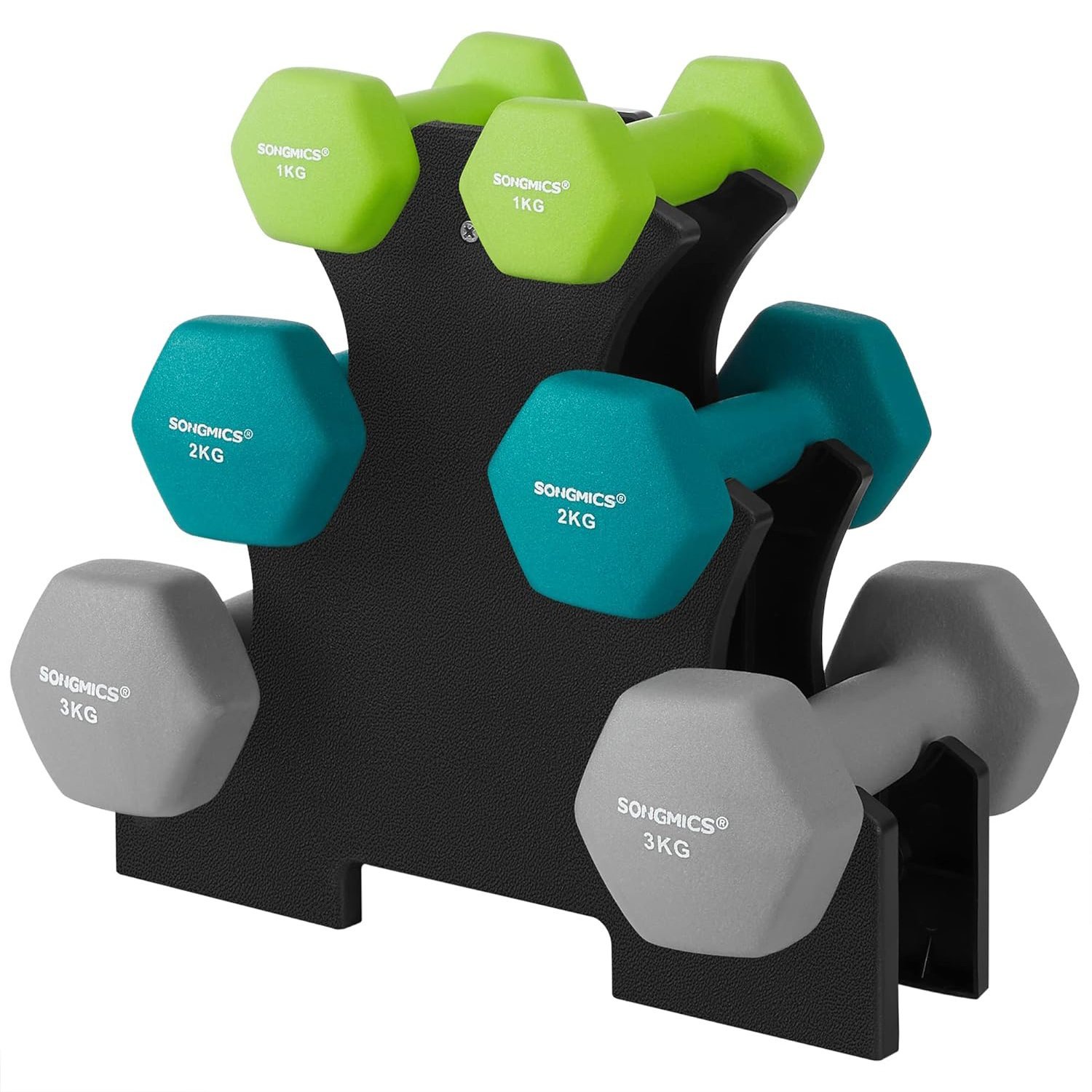 SONGMICS Set de 6 gantere hexagonale cu suport, 2x1kg 2x2kg 2×3 kg, multicolor