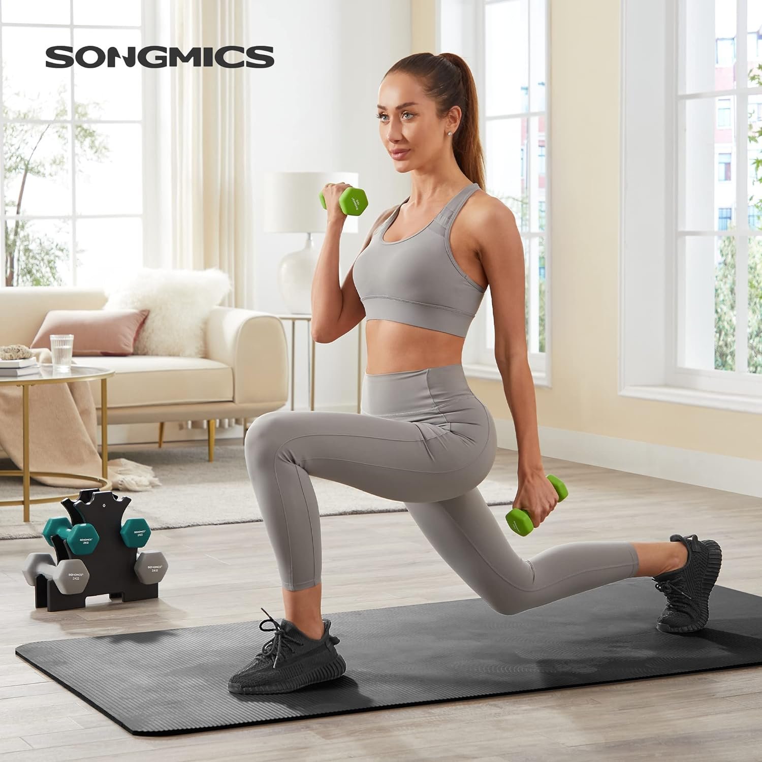 songmics set de 6 gantere hexagonale cu suport, 2x1kg 2x2kg 2x3 kg, multicolor 2 SONGMICS Set de 6 gantere hexagonale cu suport, 2x1kg 2x2kg 2x3 kg, multicolor - imagine 2