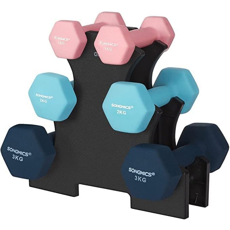SONGMICS Set de 6 gantere hexagonale cu suport, 2×1 kg 2×2 kg 2×3 kg, multicolor