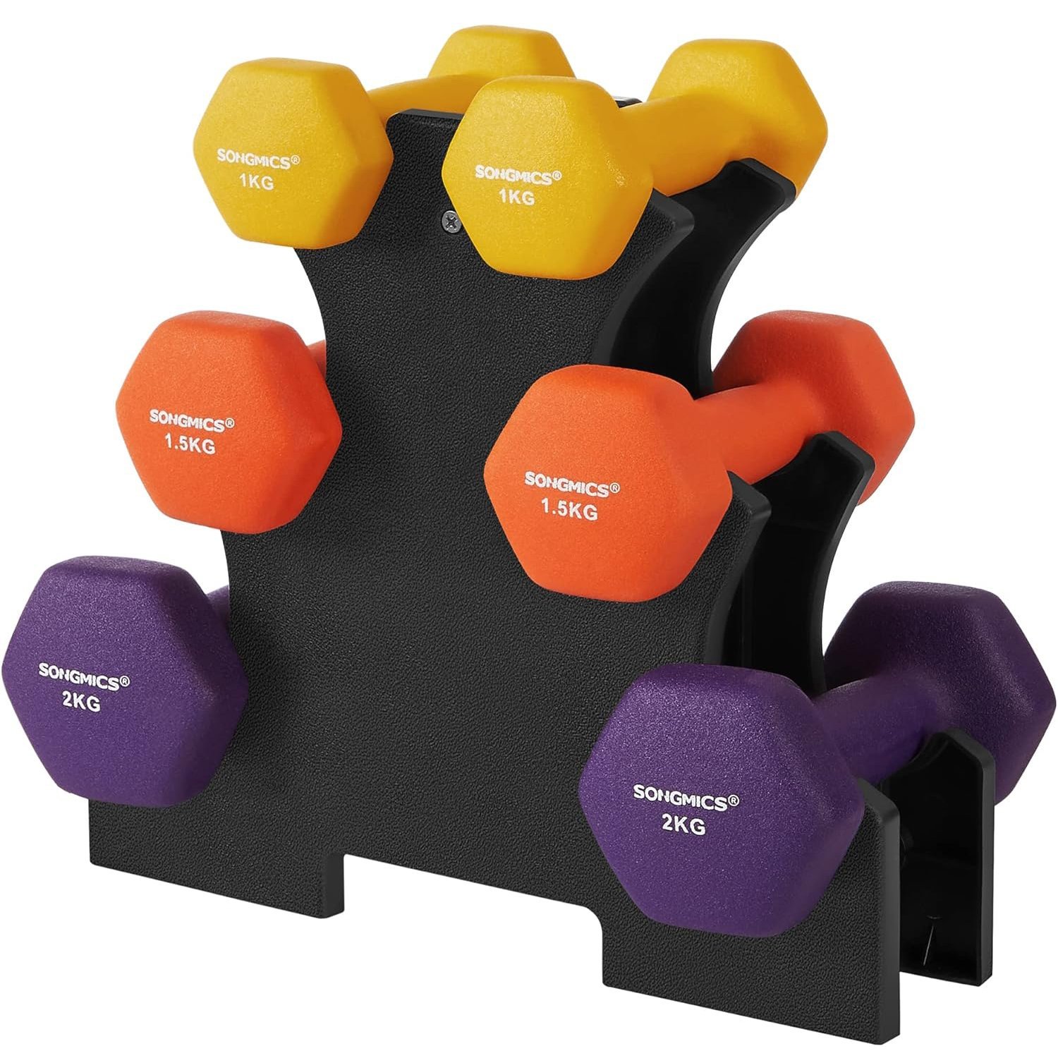 SONGMICS Set de 6 gantere hexagonale cu suport, 2x1kg 2×1.5kg 2x2kg, multicolor