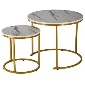 Set 2 masute cafea suprapozabile, MDF si metal, 60×50 cm si 40×40 cm, alb marmura si auriu