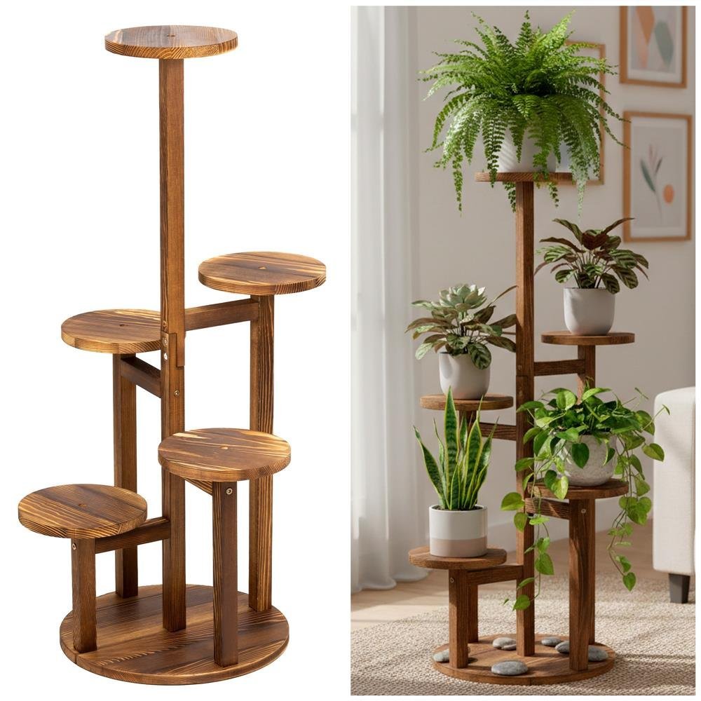 suport pentru flori, din lemn si mdf, 6 niveluri pentru ghivece, 48x48x87 cm, maro 3 Suport pentru flori, din lemn si MDF, 6 niveluri pentru ghivece, 48x48x87 cm, maro - imagine 3