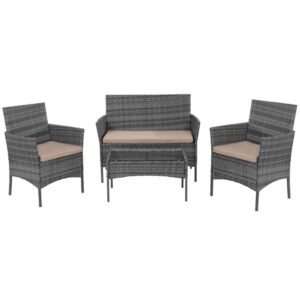 Set mobilier terasa, din tehnorattan, masa cu blat sticla securizata, 2 fotolii si 1 canapea cu perne, gri