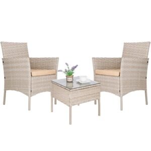 Set mobilier terasa, din tehnorattan, masa cu blat sticla securizata, 2 fotolii cu perne, bej