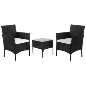 Set mobilier terasa, din tehnorattan, masa cu blat sticla securizata, 2 fotolii cu perne, negru