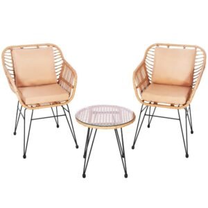 Set mobilier terasa, din tehnorattan, masa cu blat sticla securizata, 2 fotolii cu perne, maro