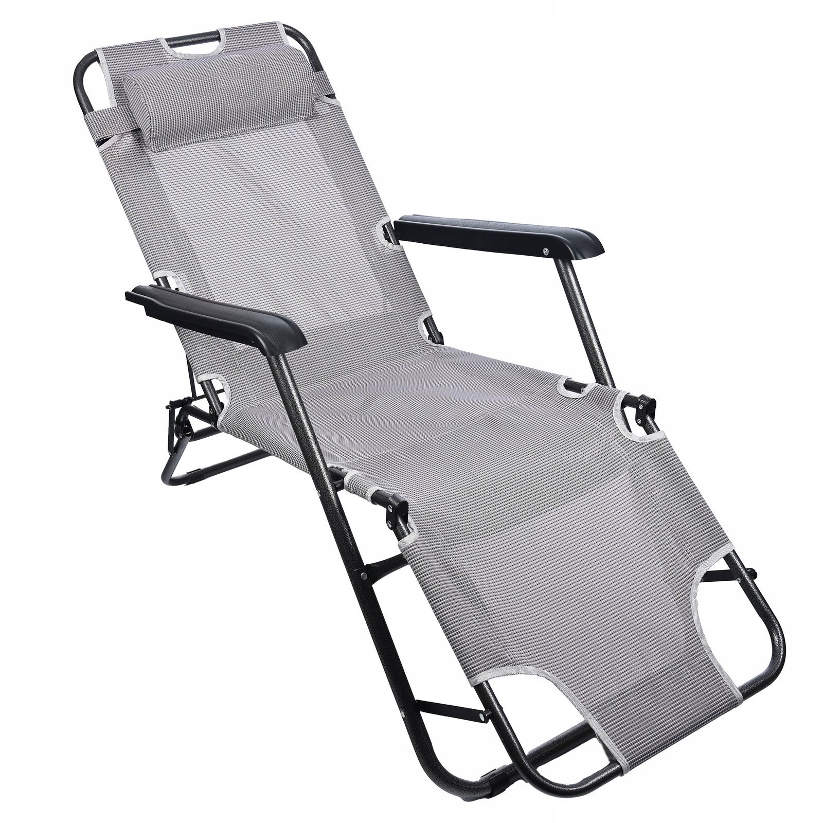 Sezlong pliabil, cadru metalic, reglabil in 3 pozitii pana la complet orizontal, cu tetiera, 153×60 cm, gri
