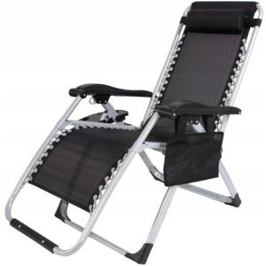 Sezlong pliabil gravitate zero, 175×65 cm, cu masuta si buzunar organizator, 120 kg, negru