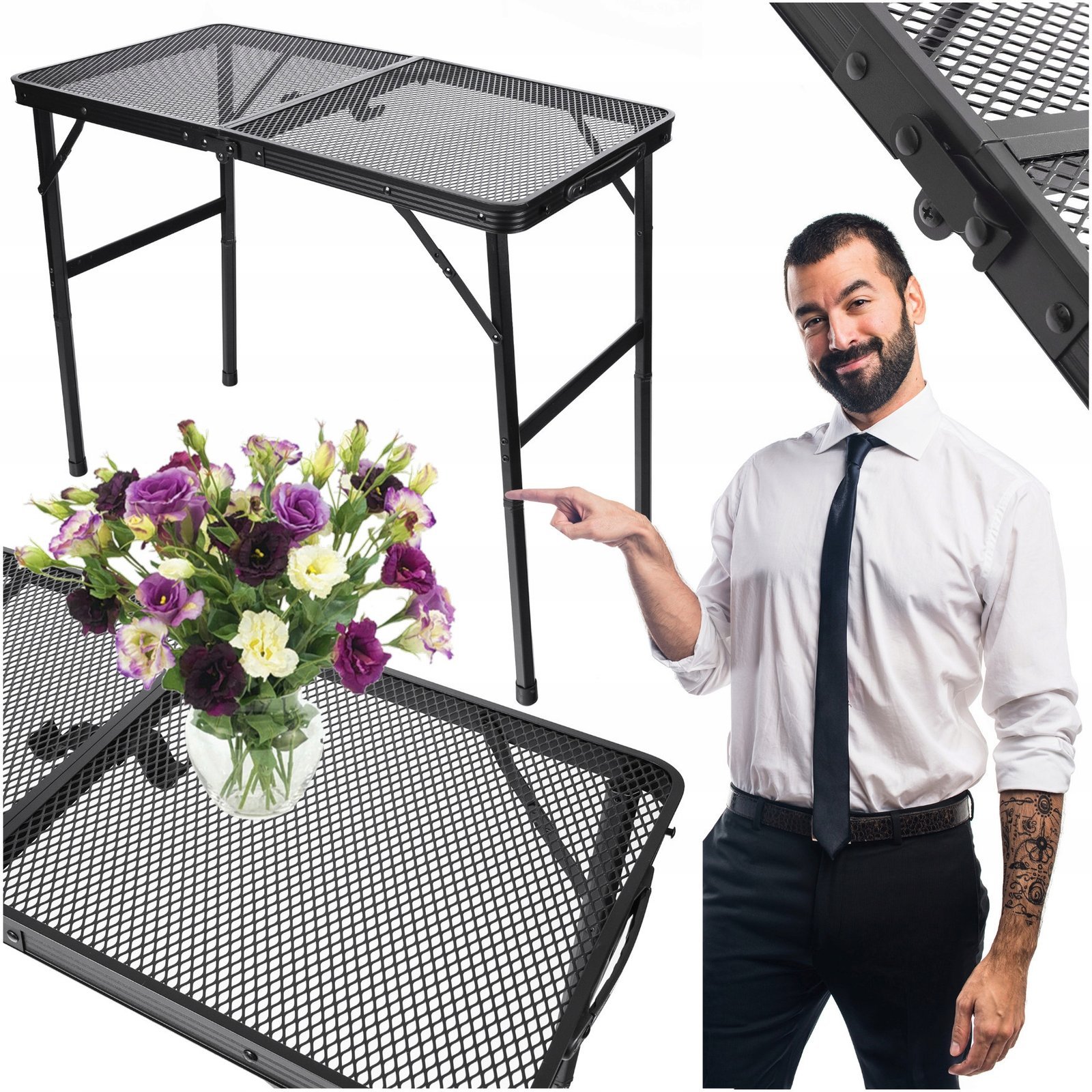 masa pliabila metalica pentru gradina sau drumetie, 80x40x66cm, inaltime reglabila, neagra 2 Masa pliabila metalica pentru gradina sau drumetie, 80x40x66cm, inaltime reglabila, neagra - imagine 2