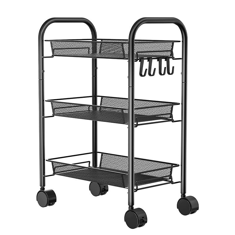 Raft metalic mobil tip carucior pentru bucatarie, 3 polite si 4 agatatori, negru, 44x26x64cm 1 Raft metalic mobil tip carucior pentru bucatarie, 3 polite si 4 agatatori, negru, 44x26x64cm