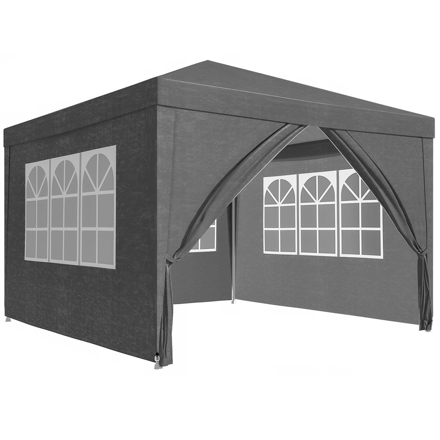 Cort pavilion de gradina, 300×300 cm, cu 4 pereti laterali cu ferestre, impermeabil cu rezistenta UV, gri