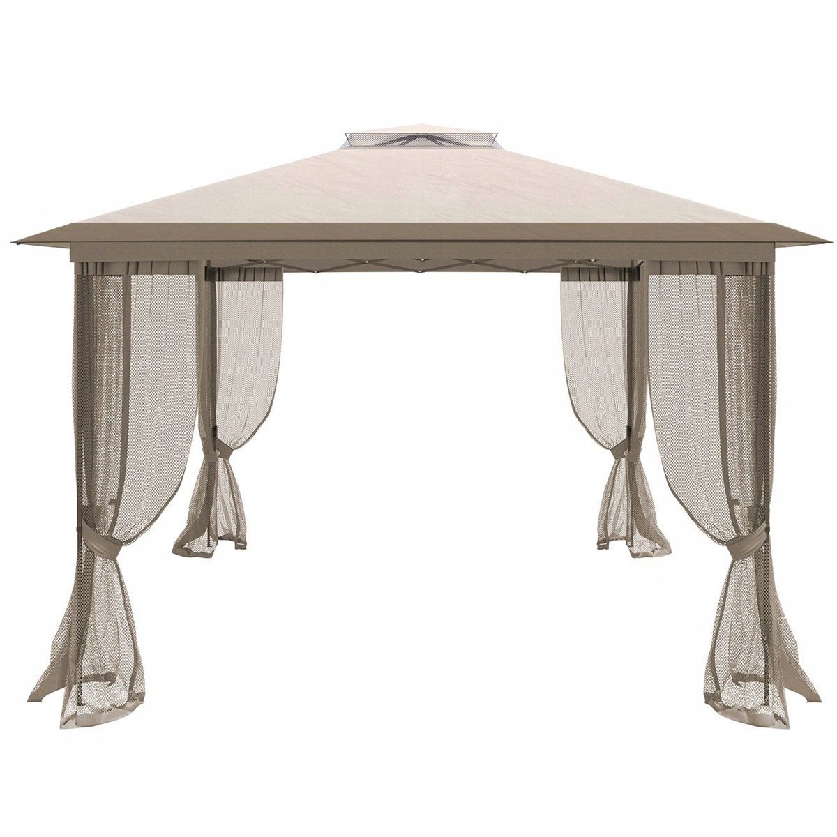 Cort pavilion de gradina tip pergola, automat pop-up, 300×300 cm, cu 4 pereti laterali cu plasa, impermeabil cu rezistenta UV, bej