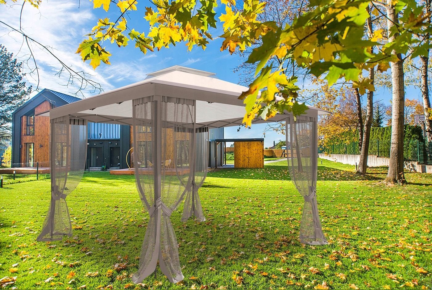 cort pavilion de gradina tip pergola, automat pop-up, 300×300 cm, cu 4 pereti laterali cu plasa, impermeabil cu rezistenta uv, bej 3 Cort pavilion de gradina tip pergola, automat pop-up, 300×300 cm, cu 4 pereti laterali cu plasa, impermeabil cu rezistenta UV, bej - imagine 3