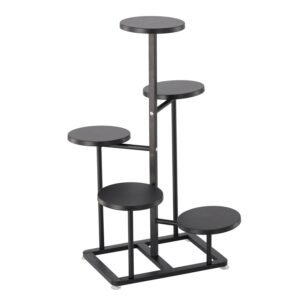 Suport pentru flori cu structura metalica, 5 niveluri, cu rafturi rotunde, 47x47x80 cm, negru