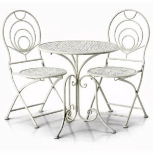 Set mobilier gradina metalic Linda, masa 60x60x70 cm si 2 scaune 39x39x94 cm, stil vintage, alb mat