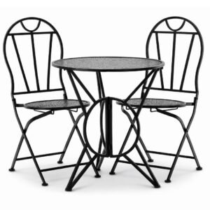 Set mobilier gradina metalic Susan, masa 60×60 cm si 2 scaune 50x40x94 cm, stil vintage, negru mat