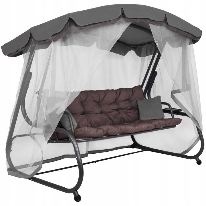 Balansoar gradina 226x126x192 cm, 3 in 1 leagan, pat si relaxare, cu plasa anti-insecte, copertina reglabila, saltea si perne incluse, gri si maro