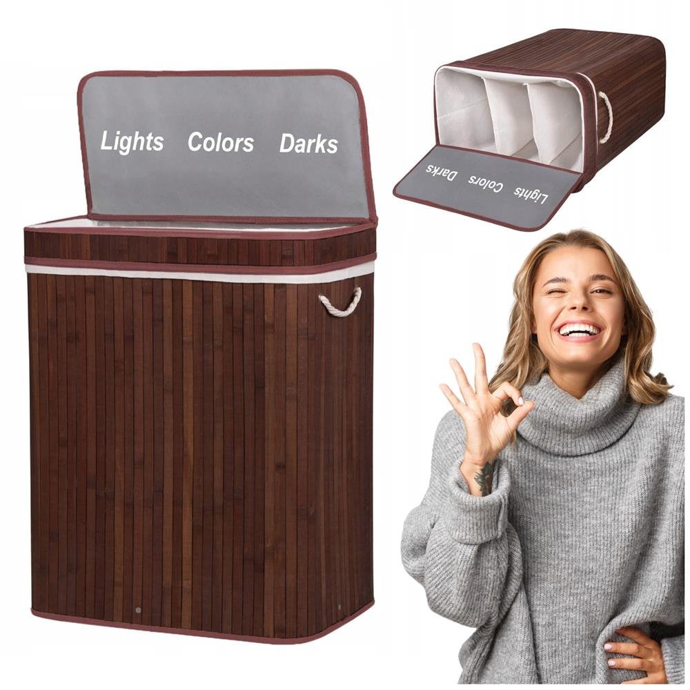 Cos de rufe cu capac si 3 compartimente, sac textil detasabil, 100 litri, 51x32x63 cm, maro 3 Cos de rufe cu capac si 3 compartimente, sac textil detasabil, 100 litri, 51x32x63 cm, maro - imagine 3