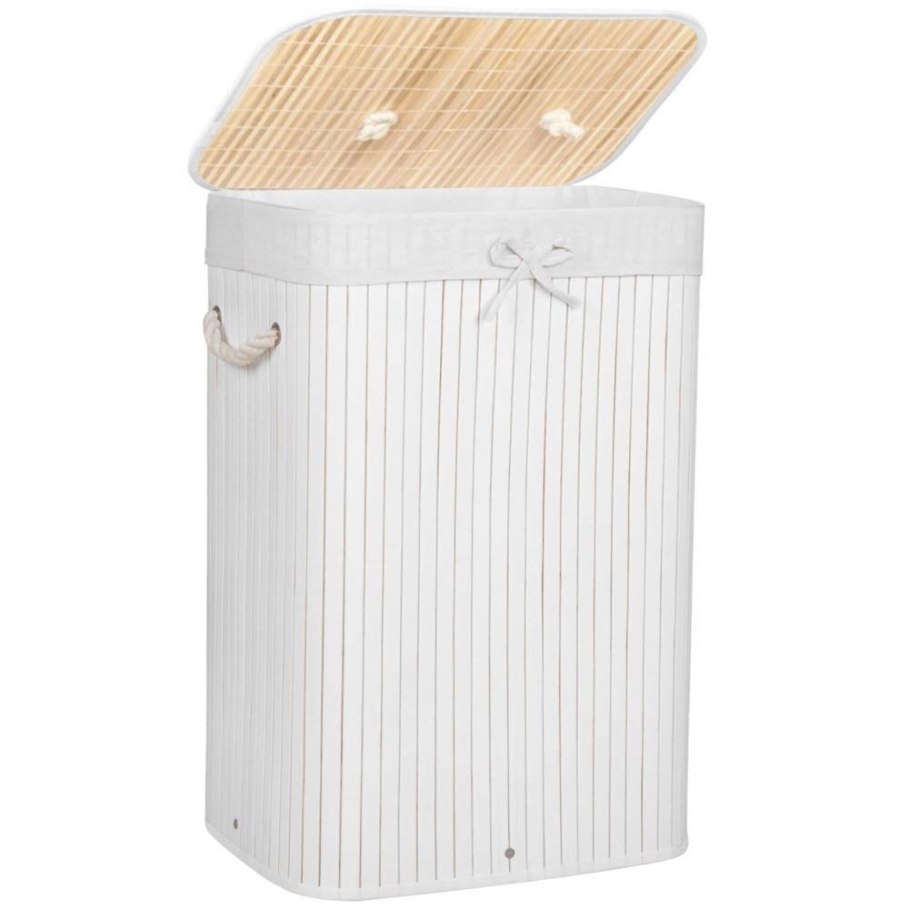 Cos de rufe cu capac, din bambus cu sac textil detasabil, 72 litri, 40x28x60 cm, alb
