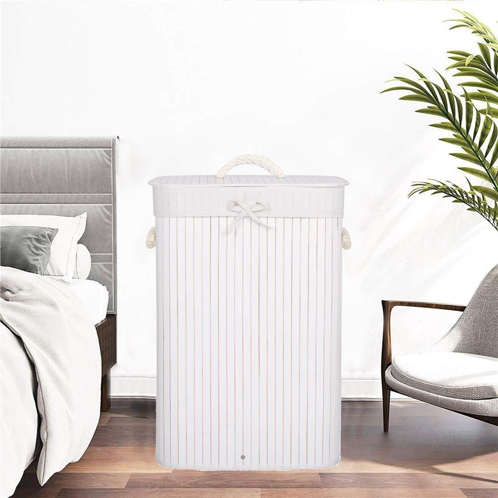 cos de rufe cu capac, din bambus cu sac textil detasabil, 72 litri, 40x28x60 cm, alb 2 Cos de rufe cu capac, din bambus cu sac textil detasabil, 72 litri, 40x28x60 cm, alb - imagine 2