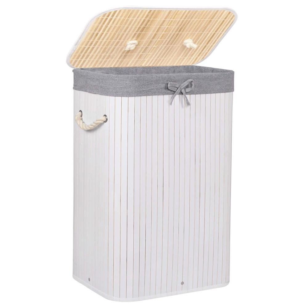 Cos de rufe cu capac, din bambus cu sac textil detasabil, 72 litri, 40x28x60 cm, alb si gri