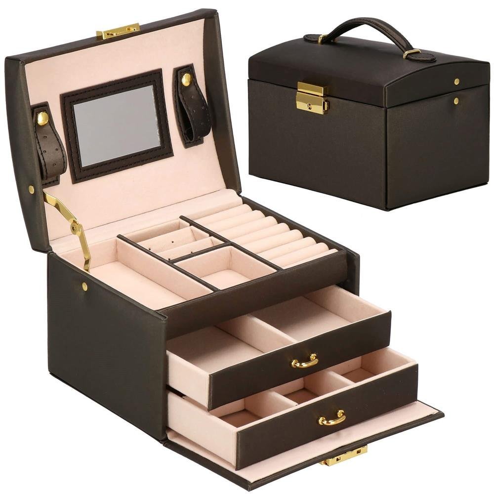 (dl) cutie depozitare si organizare bijuterii, piele ecologica + piele intoarsa, 17,5 x 14 x 12,5 cm, maro inchis 1 (DL) Cutie depozitare si organizare bijuterii, piele ecologica + piele intoarsa, 17,5 x 14 x 12,5 cm, maro inchis