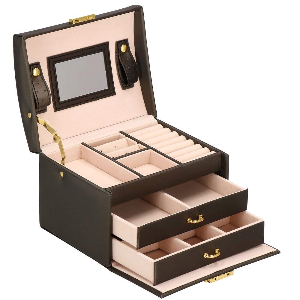 (dl) cutie depozitare si organizare bijuterii, piele ecologica + piele intoarsa, 17,5 x 14 x 12,5 cm, maro inchis 2 (DL) Cutie depozitare si organizare bijuterii, piele ecologica + piele intoarsa, 17,5 x 14 x 12,5 cm, maro inchis - imagine 2