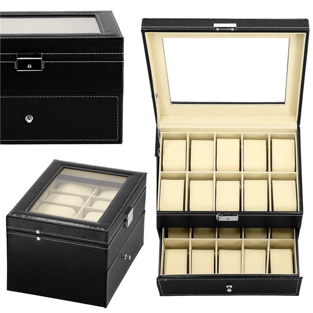 cutie depozitare si organizare ceasuri, mdf, piele ecologica, 28x20x16,5cm, negru interior crem 3 Cutie depozitare si organizare ceasuri, MDF, piele ecologica, 28x20x16,5cm, negru interior crem - imagine 3