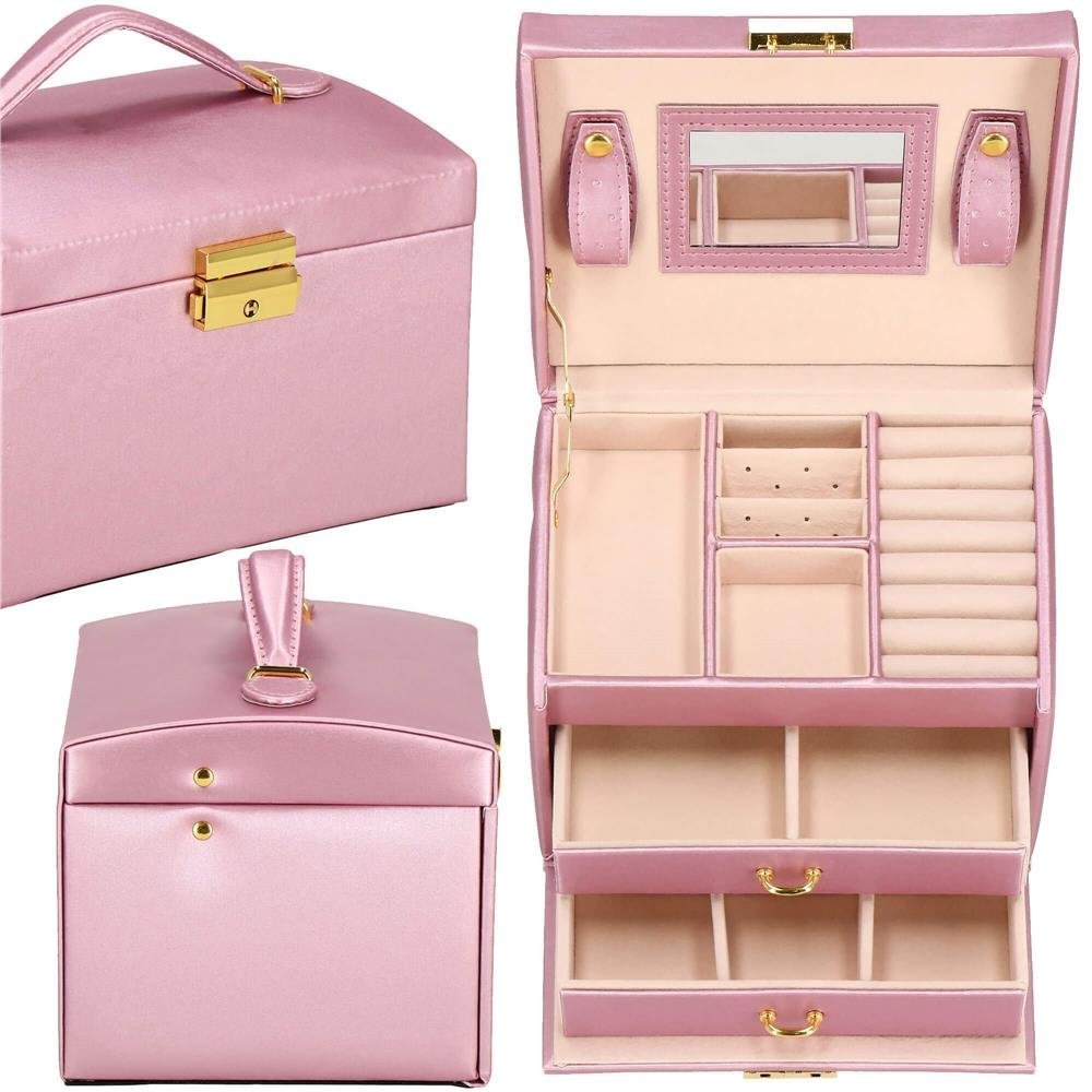 (dl) cutie depozitare si organizare bijuterii, mdf, piele ecologica si velur, 17,5 x 14 x 12,5cm, roz 2 (DL) Cutie depozitare si organizare bijuterii, MDF, piele ecologica si velur, 17,5 x 14 x 12,5cm, roz - imagine 2