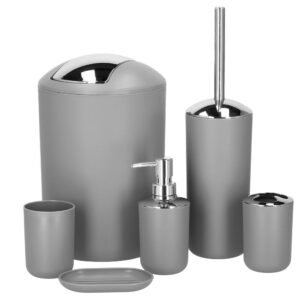 Set accesorii baie, 6 piese din plastic, cu perie WC si cos de gunoi, finisaj mat si lucios, gri argintiu