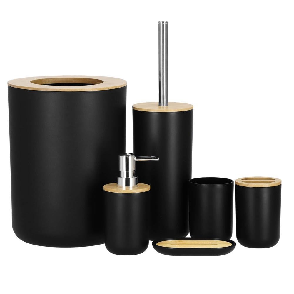 Set de accesorii rotunde pentru baie din plastic cu elemente bambus, 6 piese, negru 1 Set de accesorii rotunde pentru baie din plastic cu elemente bambus, 6 piese, negru