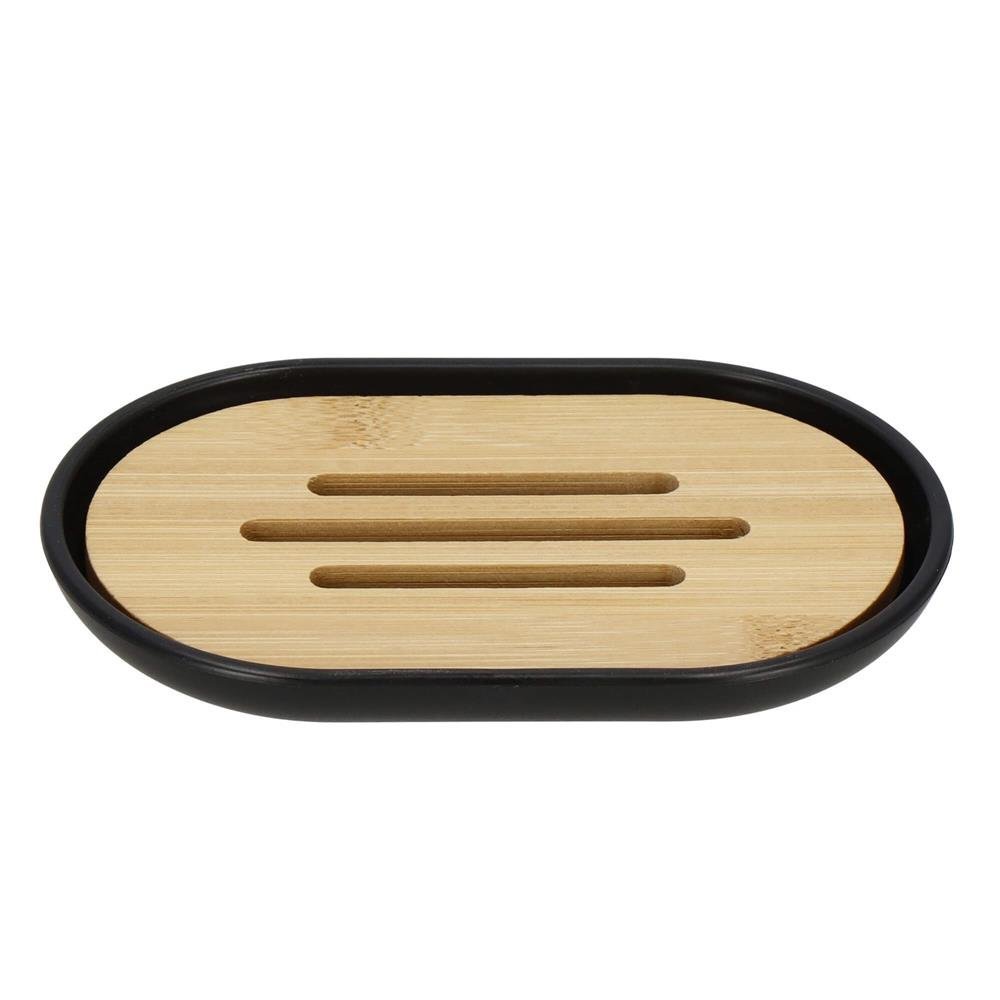 Set de accesorii rotunde pentru baie din plastic cu elemente bambus, 6 piese, negru 2 Set de accesorii rotunde pentru baie din plastic cu elemente bambus, 6 piese, negru - imagine 2