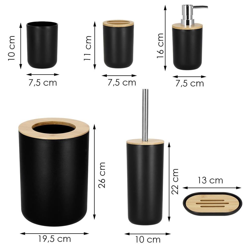 Set de accesorii rotunde pentru baie din plastic cu elemente bambus, 6 piese, negru 3 Set de accesorii rotunde pentru baie din plastic cu elemente bambus, 6 piese, negru - imagine 3