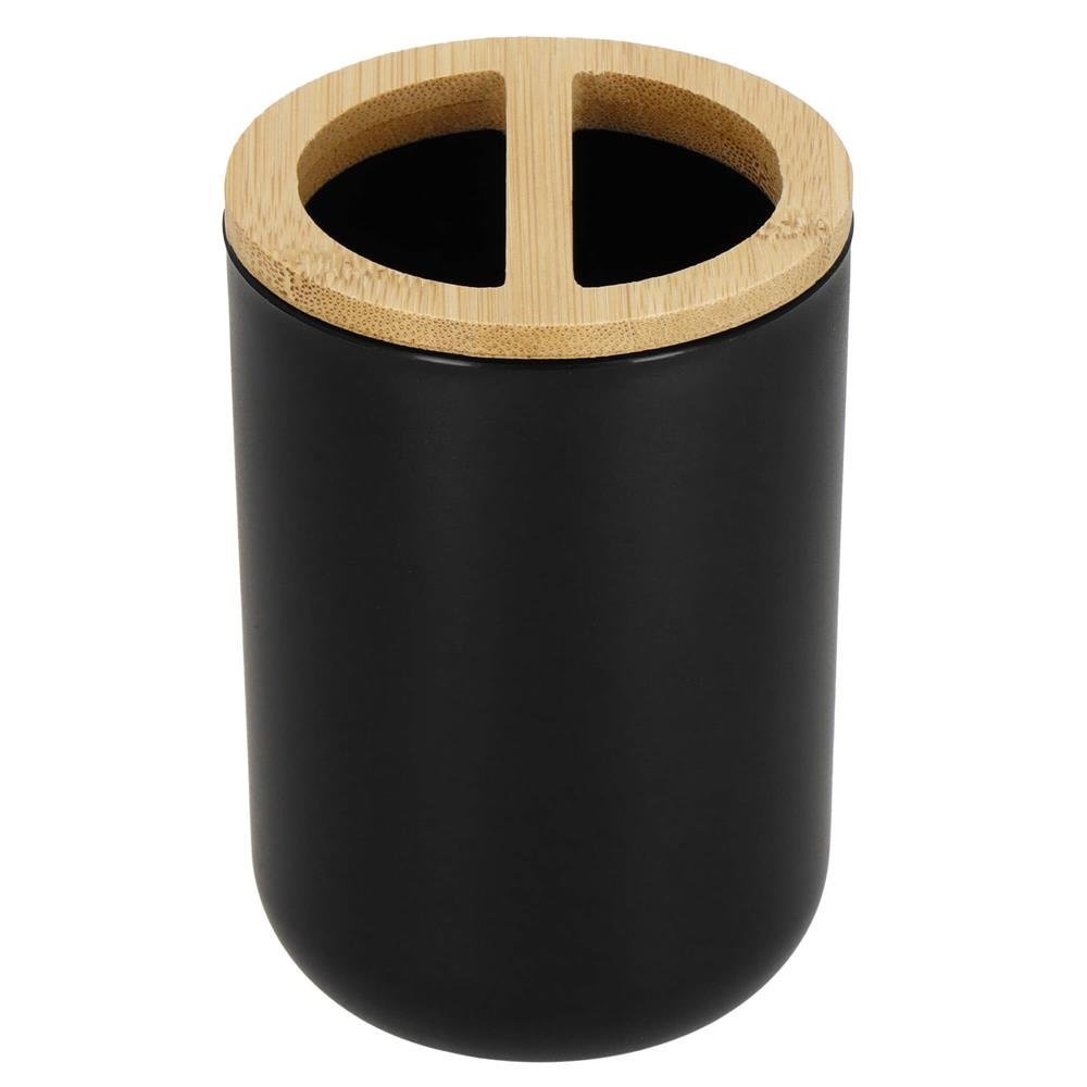 Set de accesorii rotunde pentru baie din plastic cu elemente bambus, 6 piese, negru 4 Set de accesorii rotunde pentru baie din plastic cu elemente bambus, 6 piese, negru - imagine 4