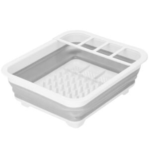 Uscator de vase pliabil, din pastic si silicon, 36x31x12cm, suport tacamuri, alb si gri