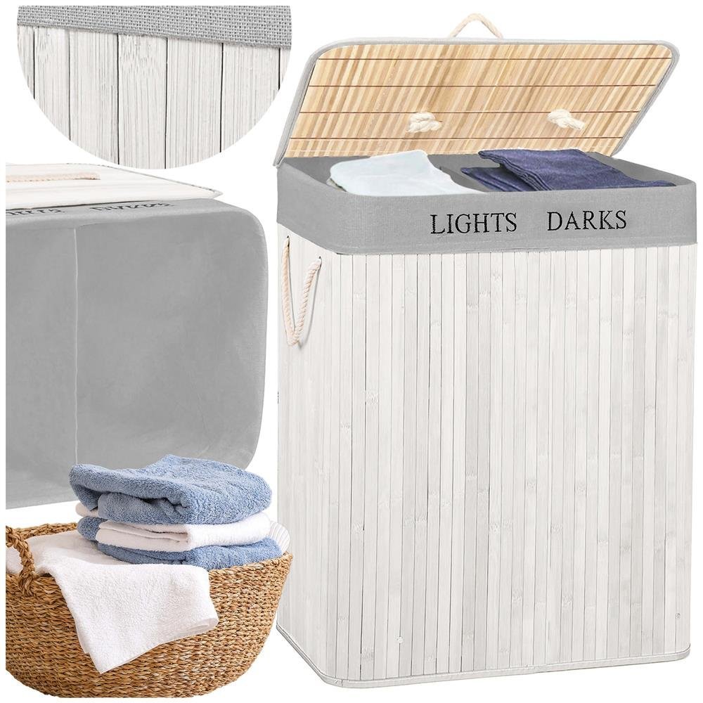 cos pentru rufe din bambus, pliabil, cu 2 compartimente, volum 105 l, 63x52x33 cm, alb si gri 4 Cos pentru rufe din bambus, pliabil, cu 2 compartimente, volum 105 L, 63x52x33 cm, alb si gri - imagine 4