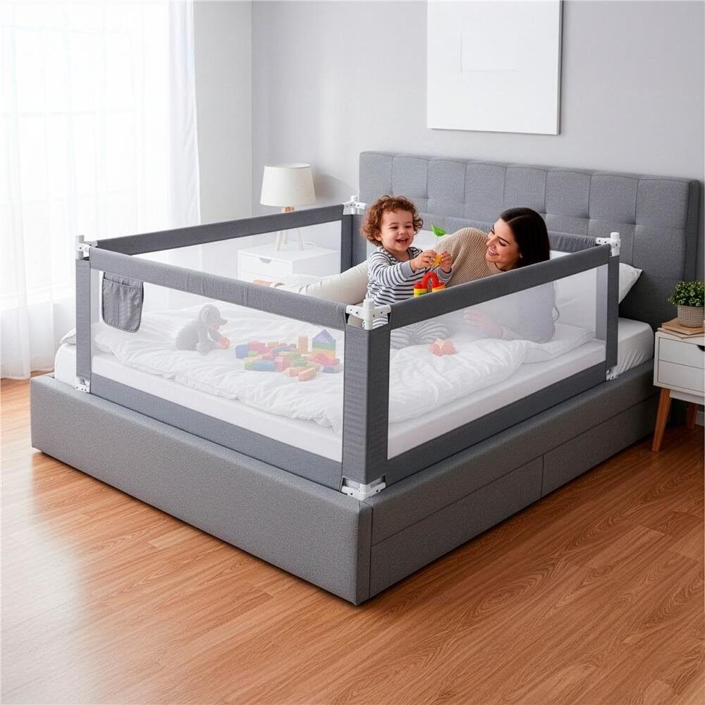 bariera de siguranta pentru pat, protectie copii, 196 cm, reglabila pe inaltime 75-95 cm, gri 2 Bariera de siguranta pentru pat, protectie copii, 196 cm, reglabila pe inaltime 75-95 cm, gri - imagine 2
