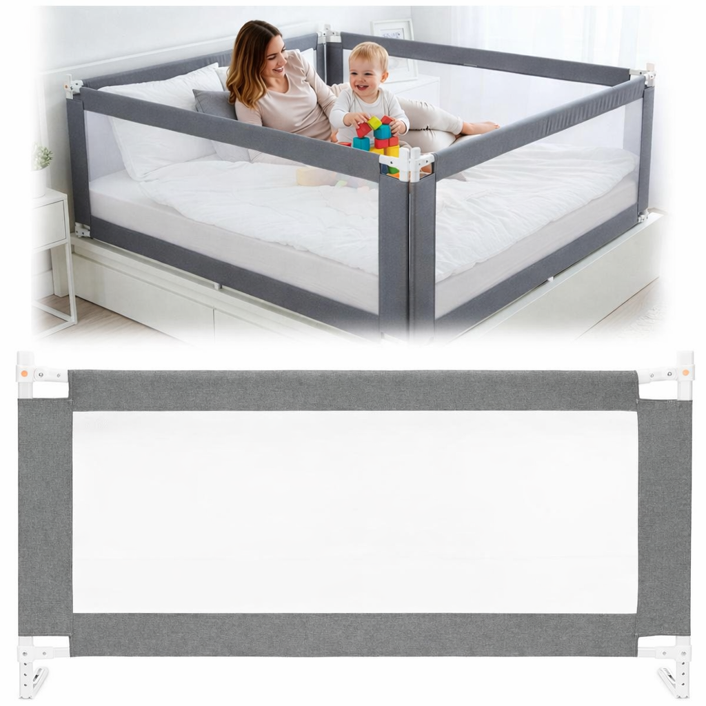bariera de siguranta pentru pat, protectie copii, 196 cm, reglabila pe inaltime 75-95 cm, gri 3 Bariera de siguranta pentru pat, protectie copii, 196 cm, reglabila pe inaltime 75-95 cm, gri - imagine 3