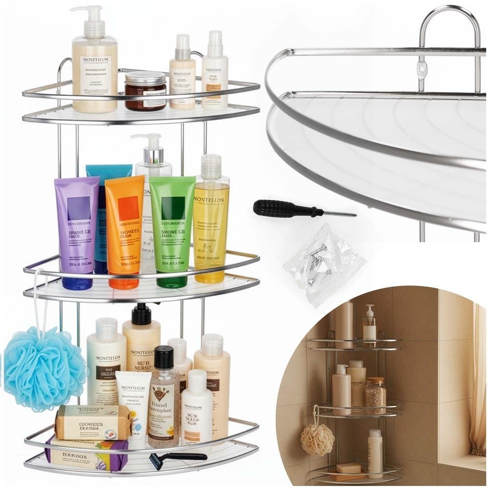 Etajera de colt pentru dus, cu 3 polite, montaj pe perete, inox, 25x25x59 cm, argintiu 4 Etajera de colt pentru dus, cu 3 polite, montaj pe perete, inox, 25x25x59 cm, argintiu - imagine 4