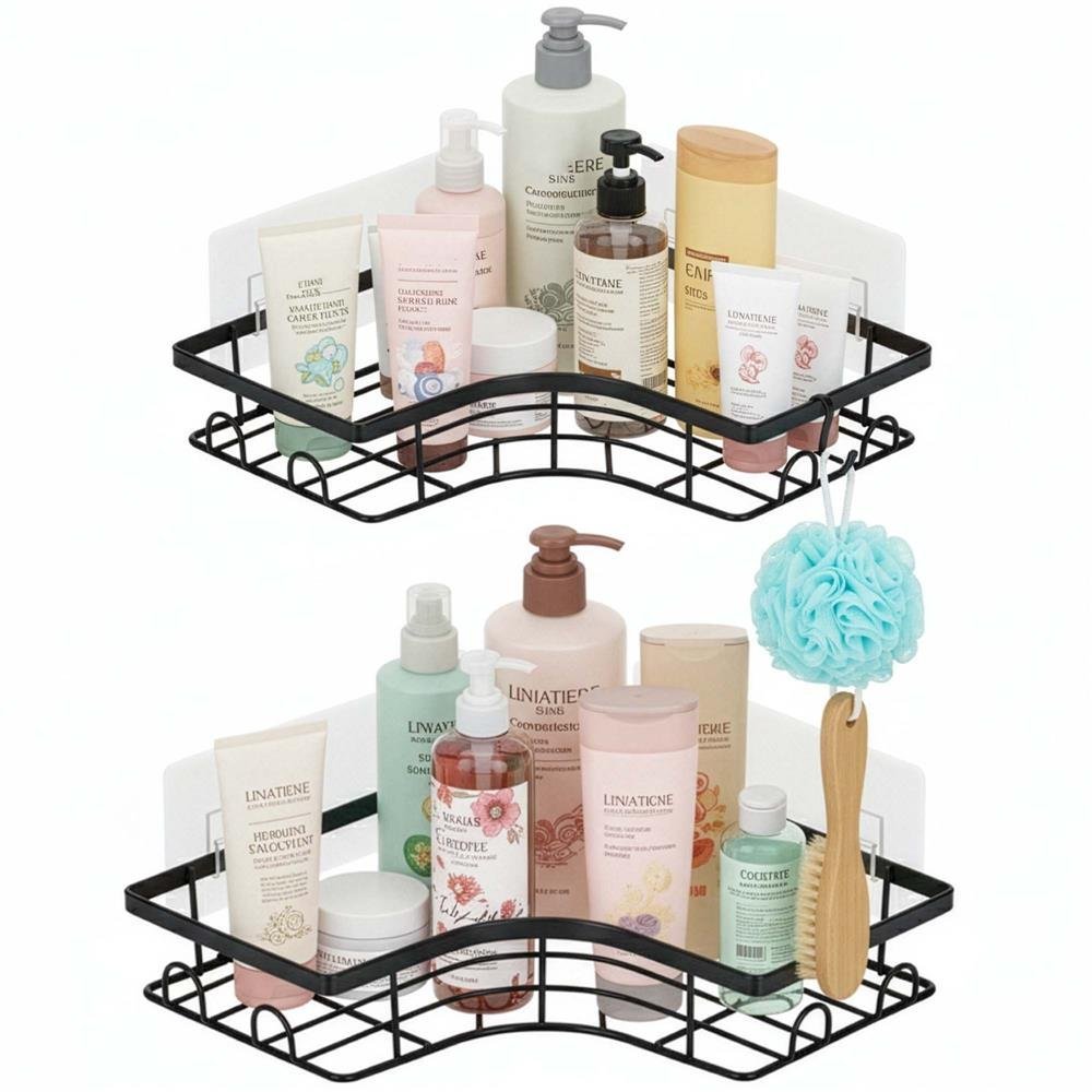 Set 2 polite de colt pentru dus, metalice cu montaj autoadeziv, inox, negru 2 Set 2 polite de colt pentru dus, metalice cu montaj autoadeziv, inox, negru - imagine 2