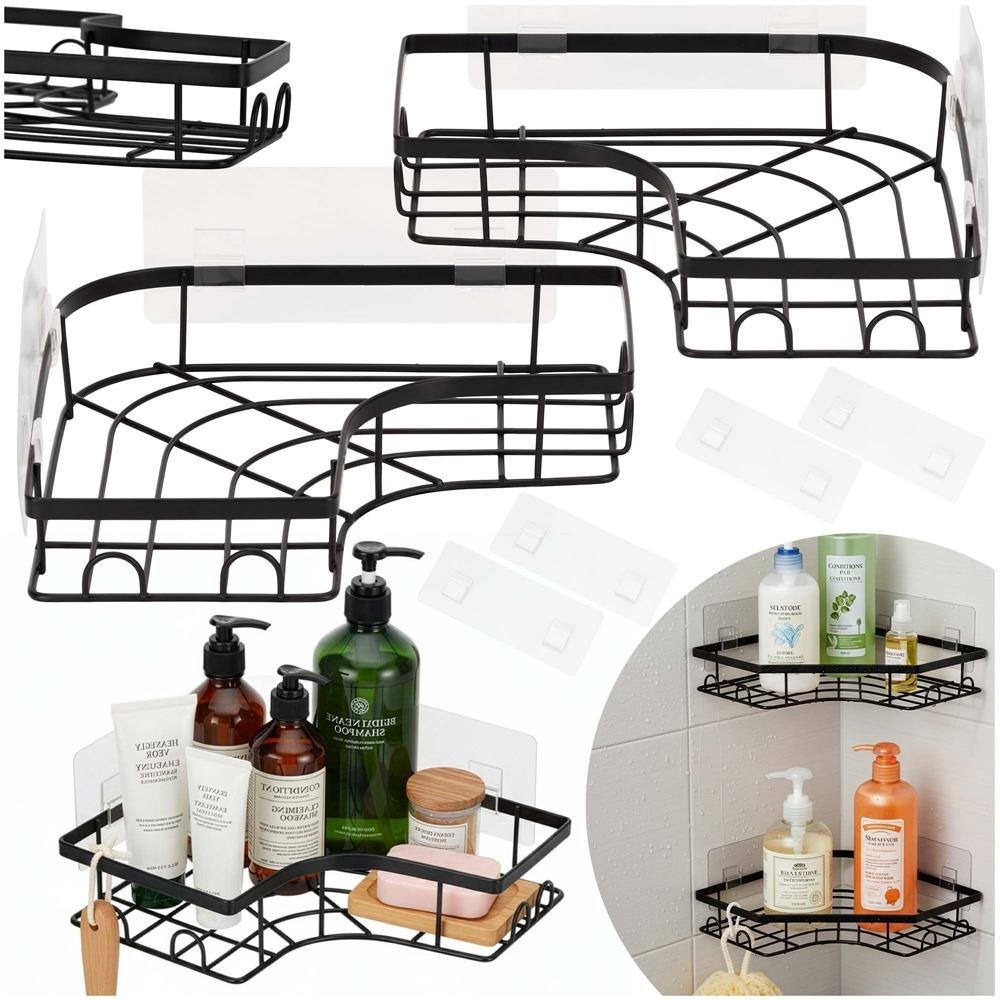 Set 2 polite de colt pentru dus, metalice cu montaj autoadeziv, inox, negru 3 Set 2 polite de colt pentru dus, metalice cu montaj autoadeziv, inox, negru - imagine 3