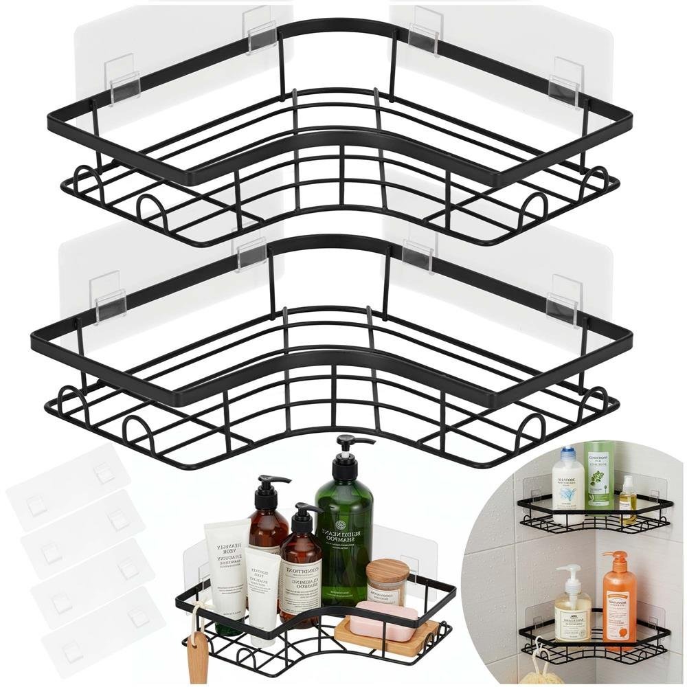 Set 2 polite de colt pentru dus, metalice cu montaj autoadeziv, inox, negru 4 Set 2 polite de colt pentru dus, metalice cu montaj autoadeziv, inox, negru - imagine 4