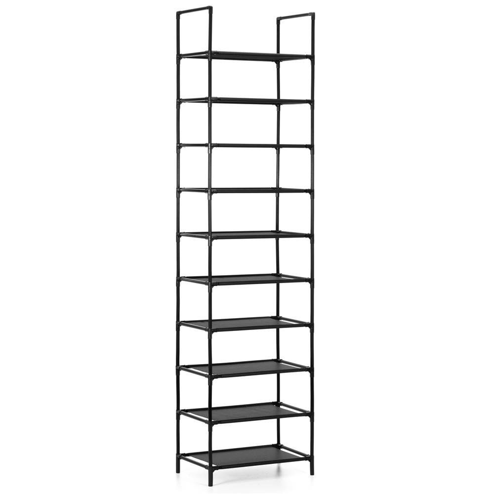 Raft pantofi inalt cu 10 polite, structura metalica si rafturi textile, 45x28x178 cm, negru