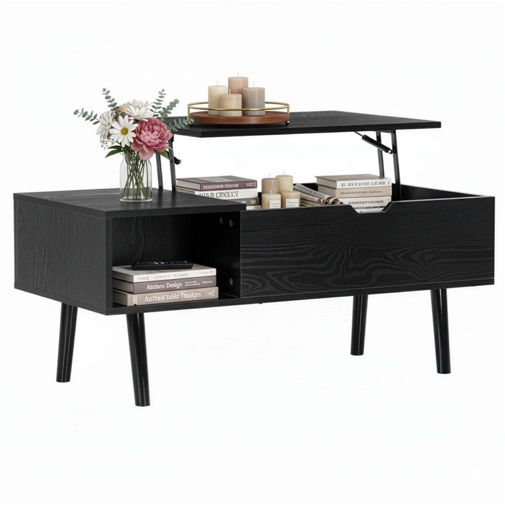 Masuta de cafea cu blat rabatabil si spatiu de depozitare, cadru metalic si PAL, 100x50x43 cm, negru 2 Masuta de cafea cu blat rabatabil si spatiu de depozitare, cadru metalic si PAL, 100x50x43 cm, negru - imagine 2