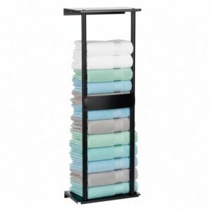 Raft metalic pentru prosoape, structura cu finisaj mat, accesorii montaj incluse, 31x15x77 cm, negru