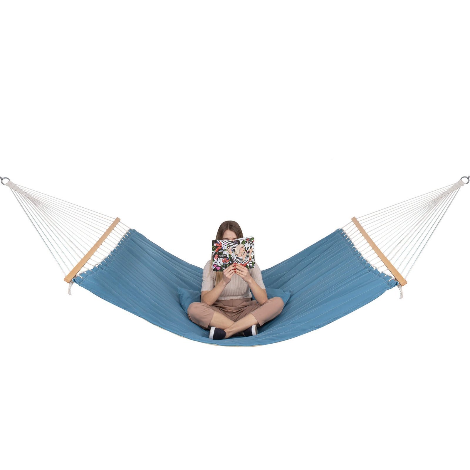 hamac dublu cu bara stabilizatoare din lemn, hm57, capacitate 250kg, 200x140cm, albastru 3 Hamac Dublu cu Bara Stabilizatoare din Lemn, HM57, Capacitate 250kg, 200x140cm, albastru - imagine 3