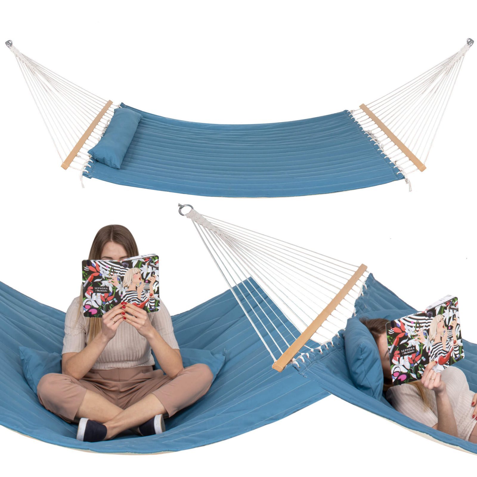 hamac dublu cu bara stabilizatoare din lemn, hm57, capacitate 250kg, 200x140cm, albastru 4 Hamac Dublu cu Bara Stabilizatoare din Lemn, HM57, Capacitate 250kg, 200x140cm, albastru - imagine 4