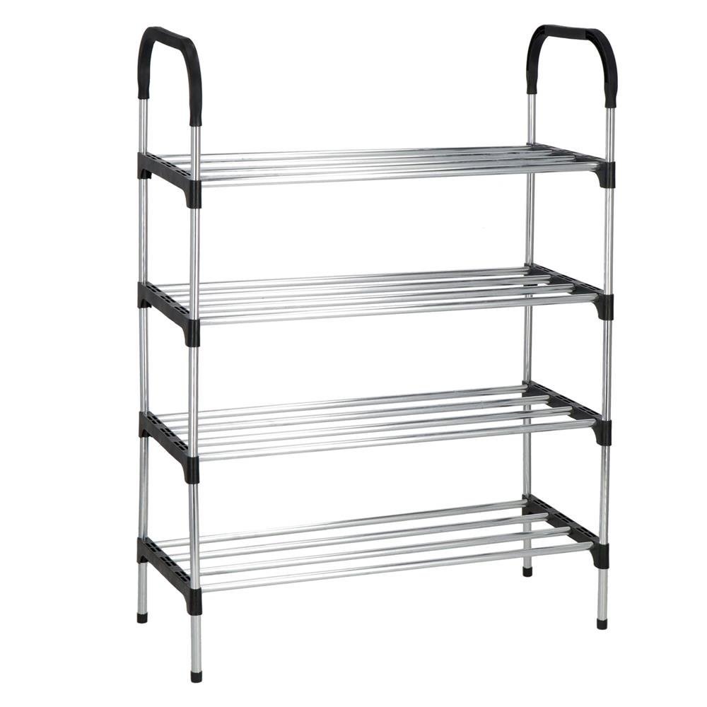 Suport pentru pantofi, 4 rafturi, cadru metalic, 84x28x60cm, negru si argintiu